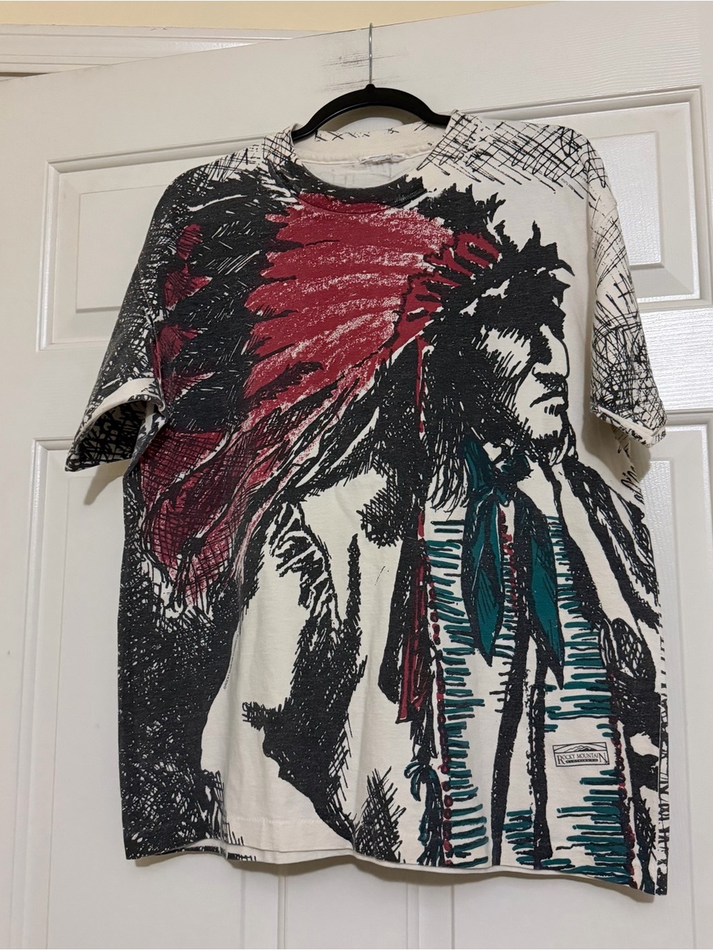 Vintage 1992 AOP Native Indian Single Stitch TShirt Rocky Mountain Size Large L